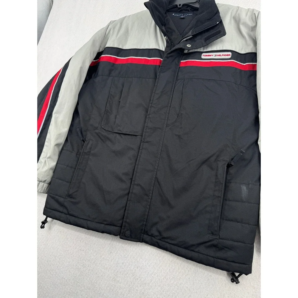 Tommy Hilfiger Mens L Colorblock Heavy Ski Puffer Jacket Black Grey Red Retro